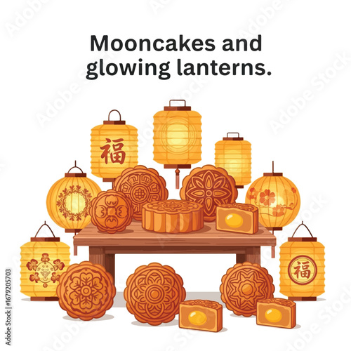 Mooncakes and glowing lanterns displayed on a table, a Mid-Autumn Festival scene.
