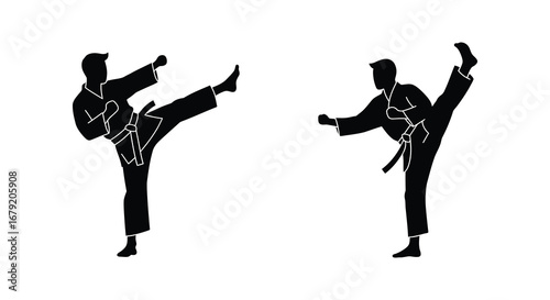 Two Karate Practitioners Performing Kicks in Silhouette Against a White Background
