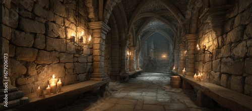 Stone archway corridor with candles and steps