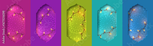 Set of Diwali Festival of Lights background with colorful ornamental arch and floral mandala, glowing lamps and garlands, traditional Indian holiday celebration. Vector illustration.