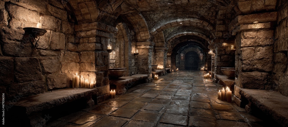 Naklejka premium Stone corridor with candles and arched ceilings