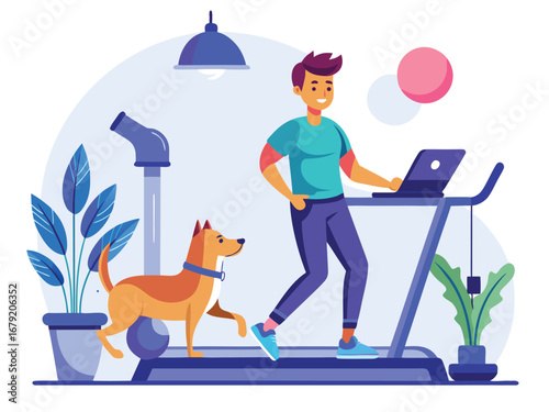 Man and dog exercising together on a treadmill at home enjoying a healthy lifestyle