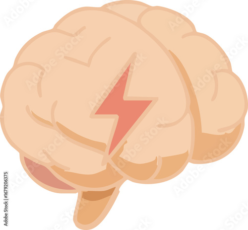 This illustration depicts a stylized human brain with a red lightning bolt symbol in the center, representing energy, mental activity, or neurological conditions.