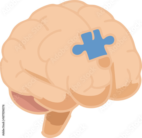 This illustration shows a stylized human brain with a missing puzzle piece, symbolizing memory loss, cognitive decline, or neurological disorders.