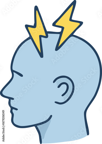 This is a flat vector illustration of a human head silhouette with yellow lightning bolts striking the top, symbolizing epilepsy, seizures, or abnormal brain activity.