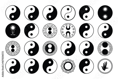 Vector art of collection of yin yang symbols representing balance, harmony, and duality in taoist philosophy