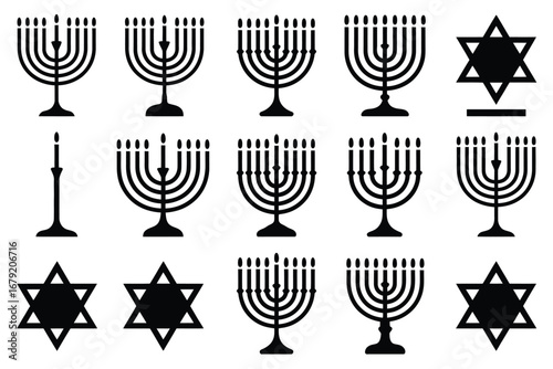 Vector art of collection of menorah and star of david symbols in black silhouette, representing hanukkah, judaism, and jewish culture