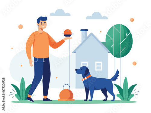 Man and dog play fetch in backyard with automatic ball launcher