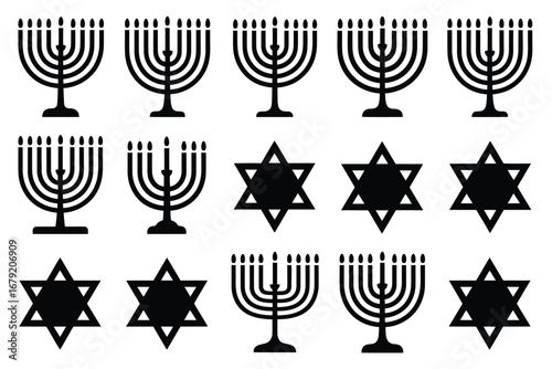Vector art of collection of menorah and star of david symbols in black silhouette, representing hanukkah, judaism, and jewish culture