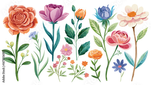 Vector art of watercolor floral elements, ideal for creating beautiful wedding invitations, cards, and other design projects