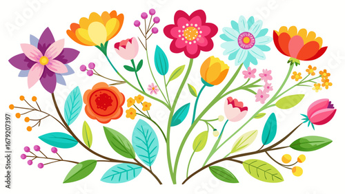 Vector art of vibrant floral arrangement featuring a variety of colorful flowers, leaves, and branches
