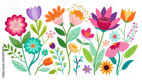 Vector art of a vibrant floral arrangement featuring a variety of colorful flowers, leaves, and stems, ideal for spring and summer designs