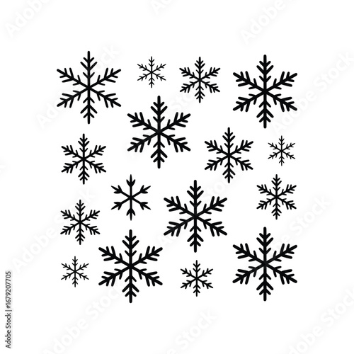 Assorted Snowflakes Silhouette Illustration on White for Winter Graphics and Holiday Designs