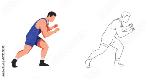 Wrestler Ready to Fight in Color and Outline Illustration