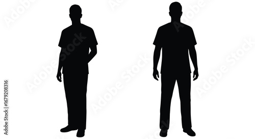 Two male silhouettes standing in different poses against a white background
