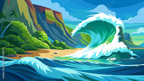 Vector art of a large wave curling towards a tropical beach, surrounded by cliffs, palm trees, and a serene ocean backdrop under a partly cloudy sky