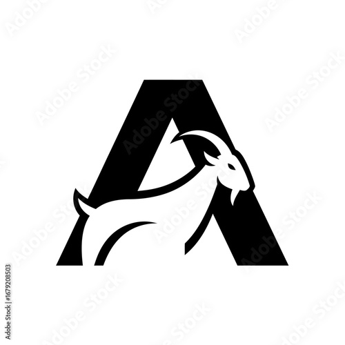 Modern goat logo with letter A creative silhouette, strong animal emblem design for branding and identity