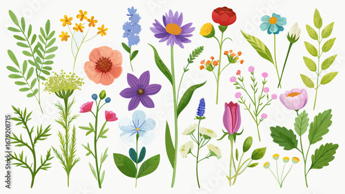 Vector art of, a watercolor floral set with various wildflowers, leaves, and botanical elements for decorative designs