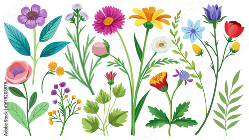 Vector art of watercolor floral illustration set with various flowers, leaves, and branches for spring and summer designs
