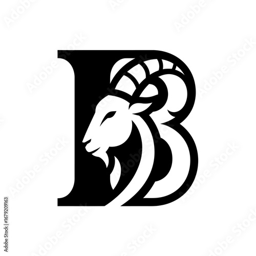 Goat logo with letter B strong horned animal mascot vector design, bold emblem for identity and branding