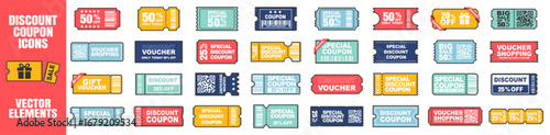 Coupon card set, gift vouchers and discount certificate. Promotion sale coupon mockup design with discounts and percent on transparent background
