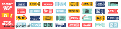 Coupon voucher ticket set with discount percent offer promotion on transparent background