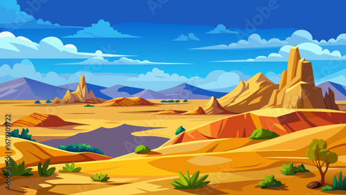 Vector art of vast desert landscape with towering rock formations, sand dunes, and sparse vegetation under a clear blue sky with scattered clouds