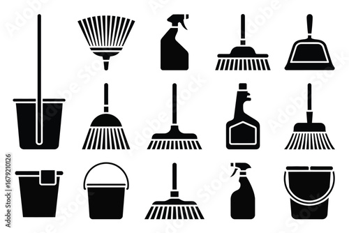 Vector art of collection of cleaning tools for housework and domestic chores, including brooms, mops, buckets, sprays, and dustpans