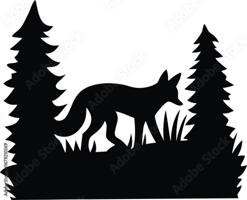Fox in Pine Forest Silhouette Vector Illustration