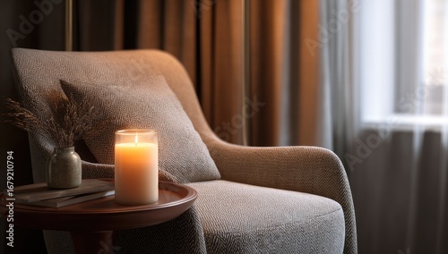 A warm, inviting armchair in a dimly lit room.  A candle sits on a small table, casting a gentle glow
