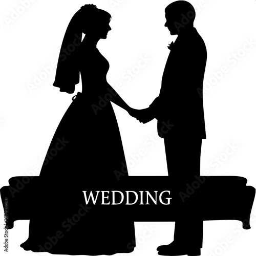 Romantic Wedding Silhouette Illustration
Centered bride and groom silhouettes, slightly angled toward each other, hands joined. Bride in long dress and veil, groom in tailored suit. Elevated perspecti