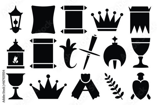 Vector art of collection of royal symbols and medieval artifacts, including crowns, swords, scrolls, goblets, and lanterns