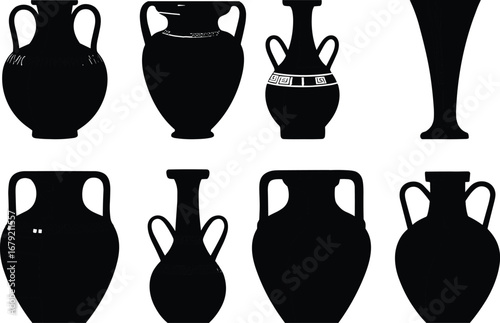 Ancient vase silhouettes, Greek amphora shapes, black pottery icons, classical ceramic jars, antique urn designs, historical pottery collection, archaeology art, decorative vessel illustration