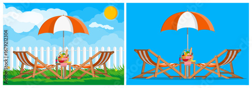 Outdoor picnic scene with chairs and umbrella. Relaxation time outdoors. Vacation, summer holiday, weekend getaway. Flat design for travel banner.