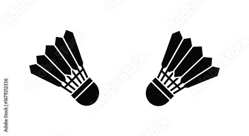 Two shuttlecocks in black silhouette on white background for badminton sport