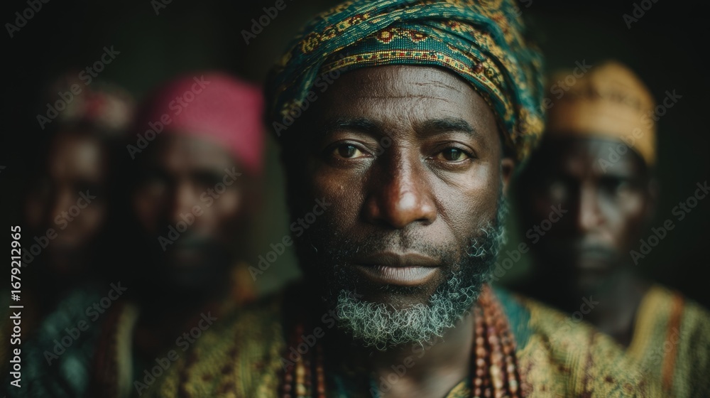 Fototapeta premium Portrait of african man in cultural attire with others in a moody setting