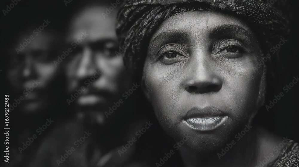 Fototapeta premium Black and white portrait of three african individuals with emotional expressions