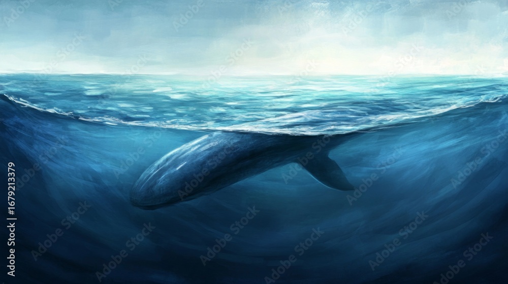 Fototapeta premium Whale dorsal fin rising from the ocean surface ocean waters wildlife photography marine environment underwater view majestic marine life