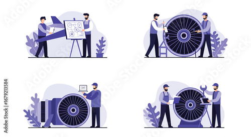 Aircraft Maintenance Team Inspecting Airplane and Engine Parts in a Hangar