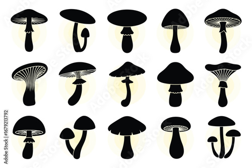 Vector art of collection of mushroom silhouettes, featuring various types of fungi, toadstools, and edible mushrooms
