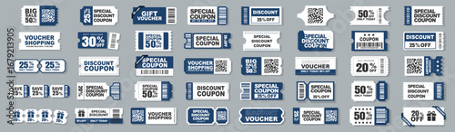 Coupon card set, gift vouchers and discount certificate. Promotion sale coupon mockup design with discounts and percent on transparent background