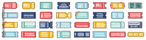 Coupon card set, gift vouchers and discount certificate. Promotion sale coupon mockup design with discounts and percent on transparent background