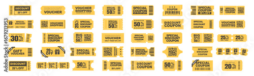 Coupon voucher ticket set with discount percent offer promotion on transparent background
