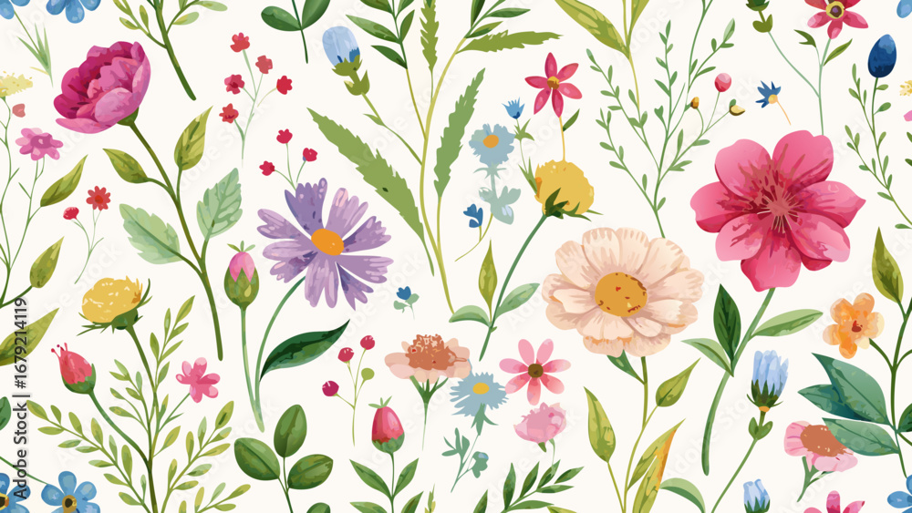Obraz premium Vector art of watercolor floral seamless pattern for textile, fabric, wallpaper, invitation, wedding or greeting cards design