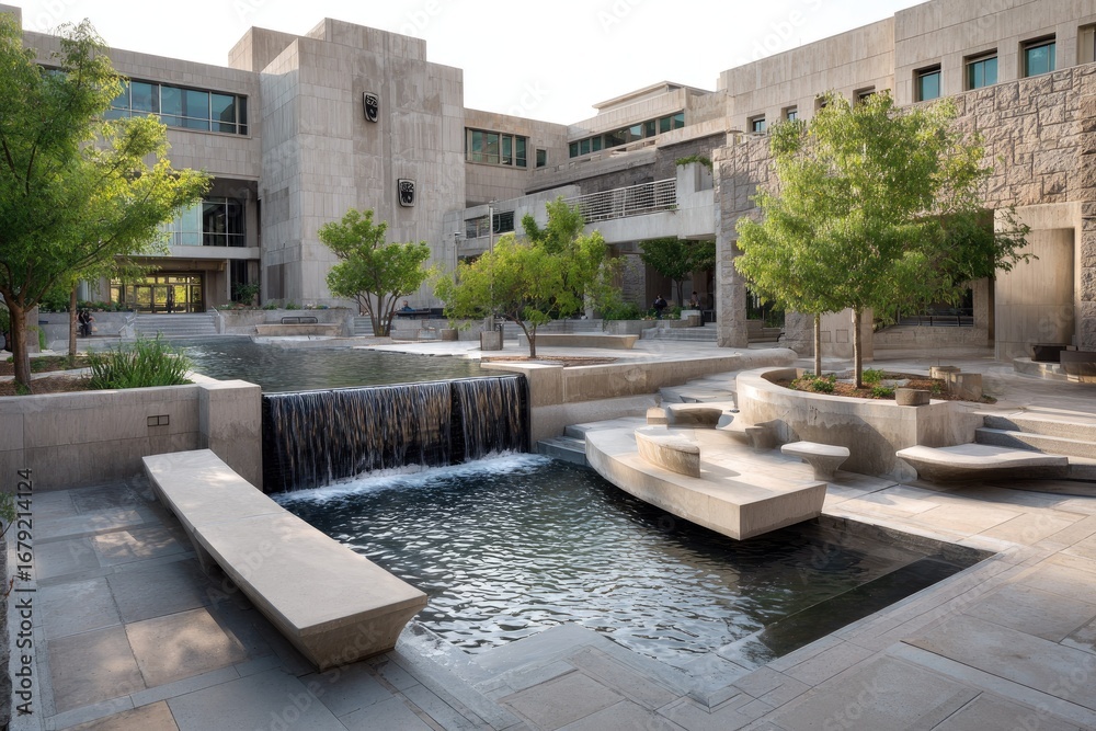 Fototapeta premium University courtyard with fountain and trees