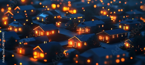 Glowing Digital Mesh of Smart Meters Illuminating an Abstract Neighborhood with Futuristic Energy Connectivity