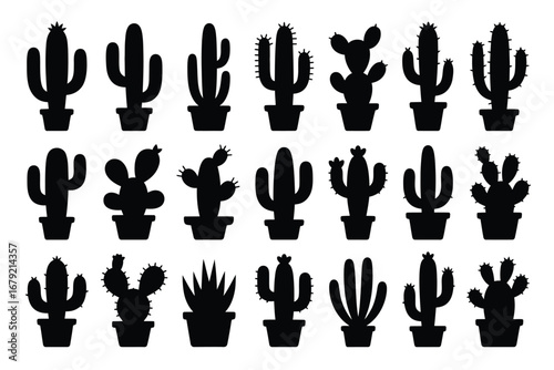 Vector art of collection of various cactus silhouette in pot for decoration, logo, icon, graphic design and other creative projects