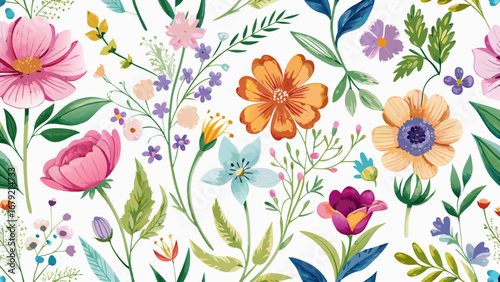Vector art of watercolor floral seamless pattern, perfect for textile, wallpaper, and decorative design with spring flowers