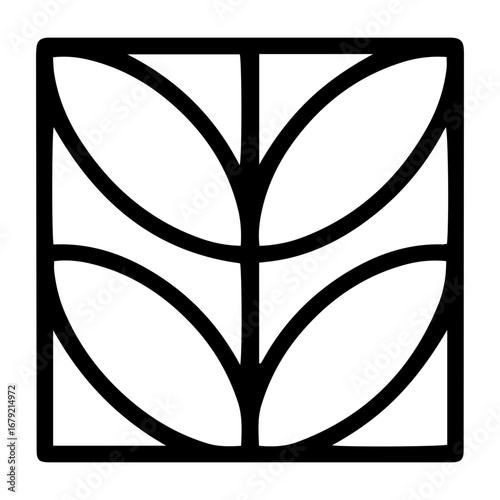 Outline-style image features a symmetrical design resembling a plant stem with four leaves, curved leaf shapes extend within a square frame. Related to logo design, icons, decorative element