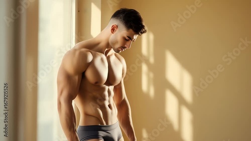 SunKissed Athletic Man with a Sculpted Physique Posing in Golden Morning Window Light.